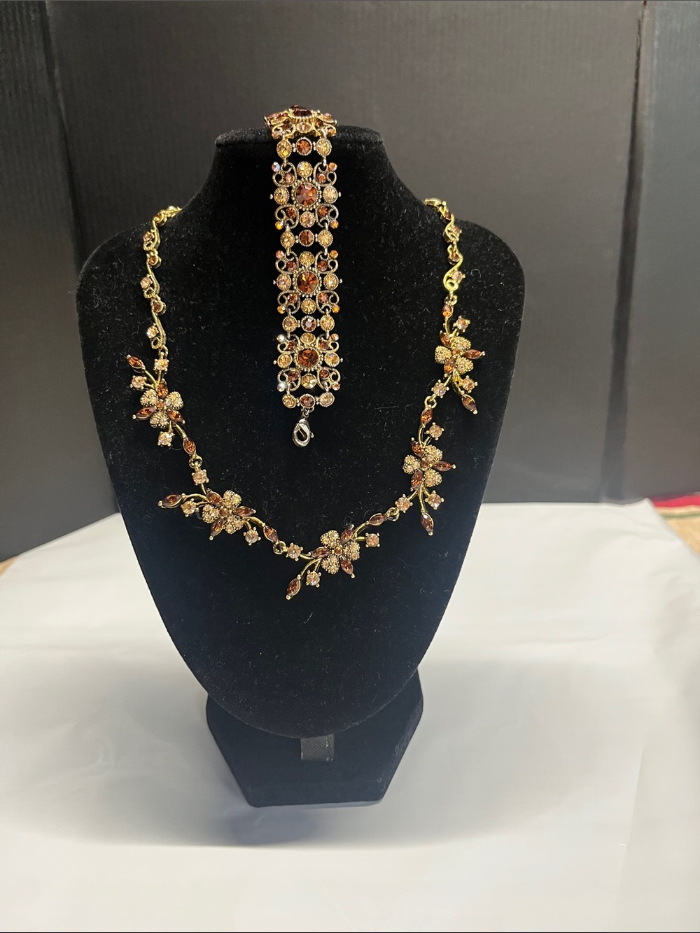 Gold-Tone Brown bronze Crystal Floral Necklace, Bracelet & Earring Set wedding
